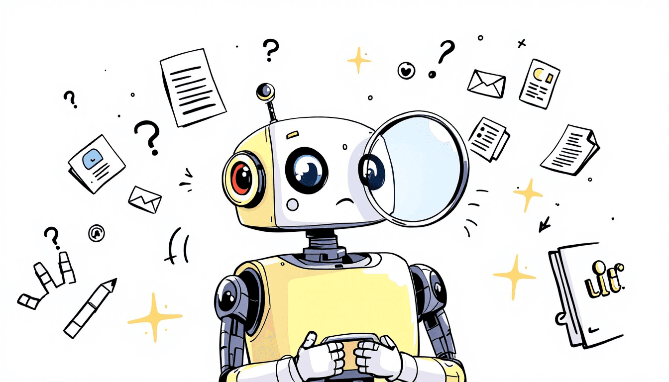 Smart robot assistant with magnifying glass searching through digital meeting transcripts and documents