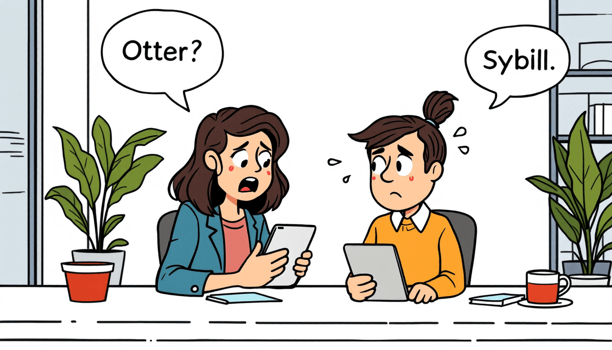 Professionals comparing Otter and Sybill AI meeting software in office