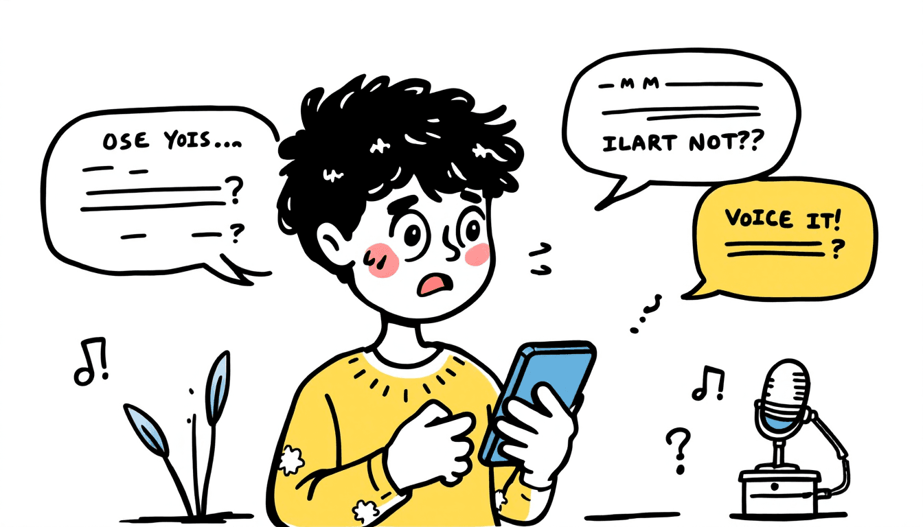 Person using iPhone to send voice message in iMessage with speech bubbles and microphone icon