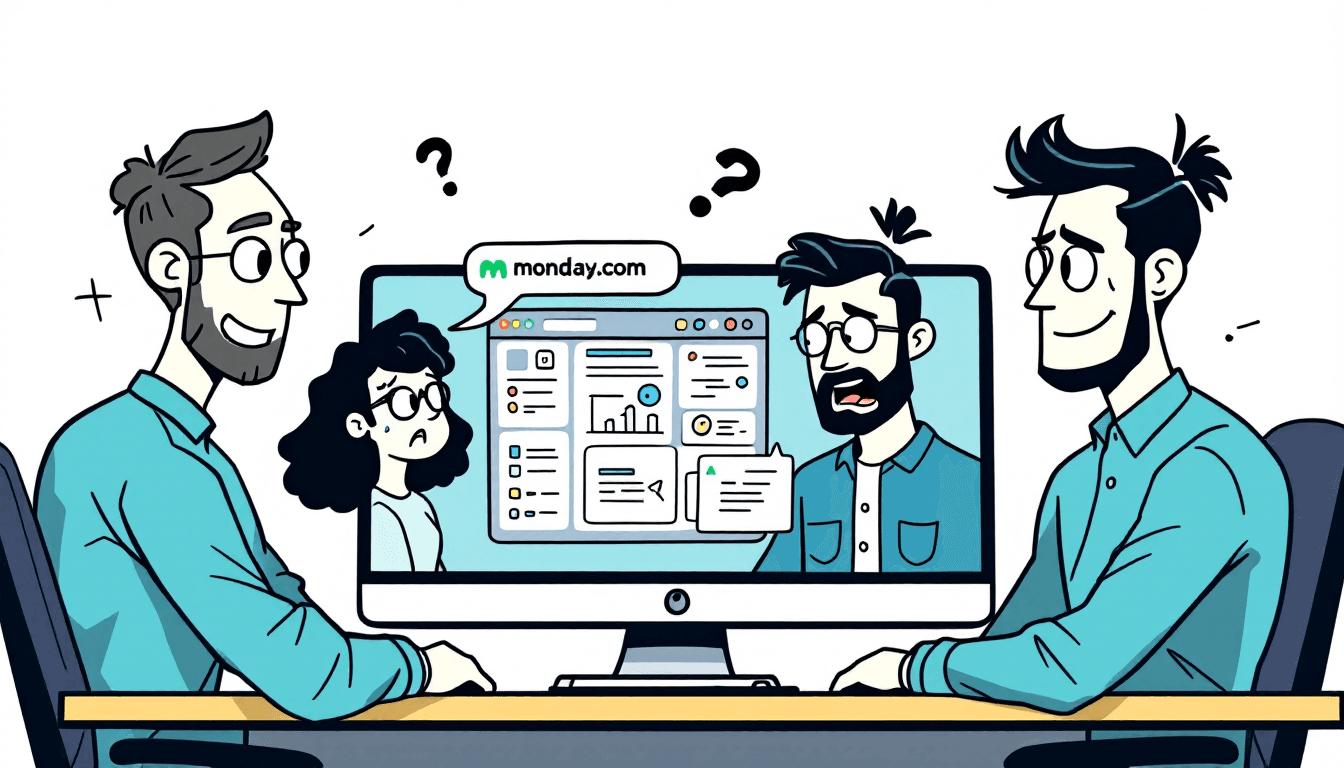 Professional business team using Monday.com dashboard with secure login and project management boards
