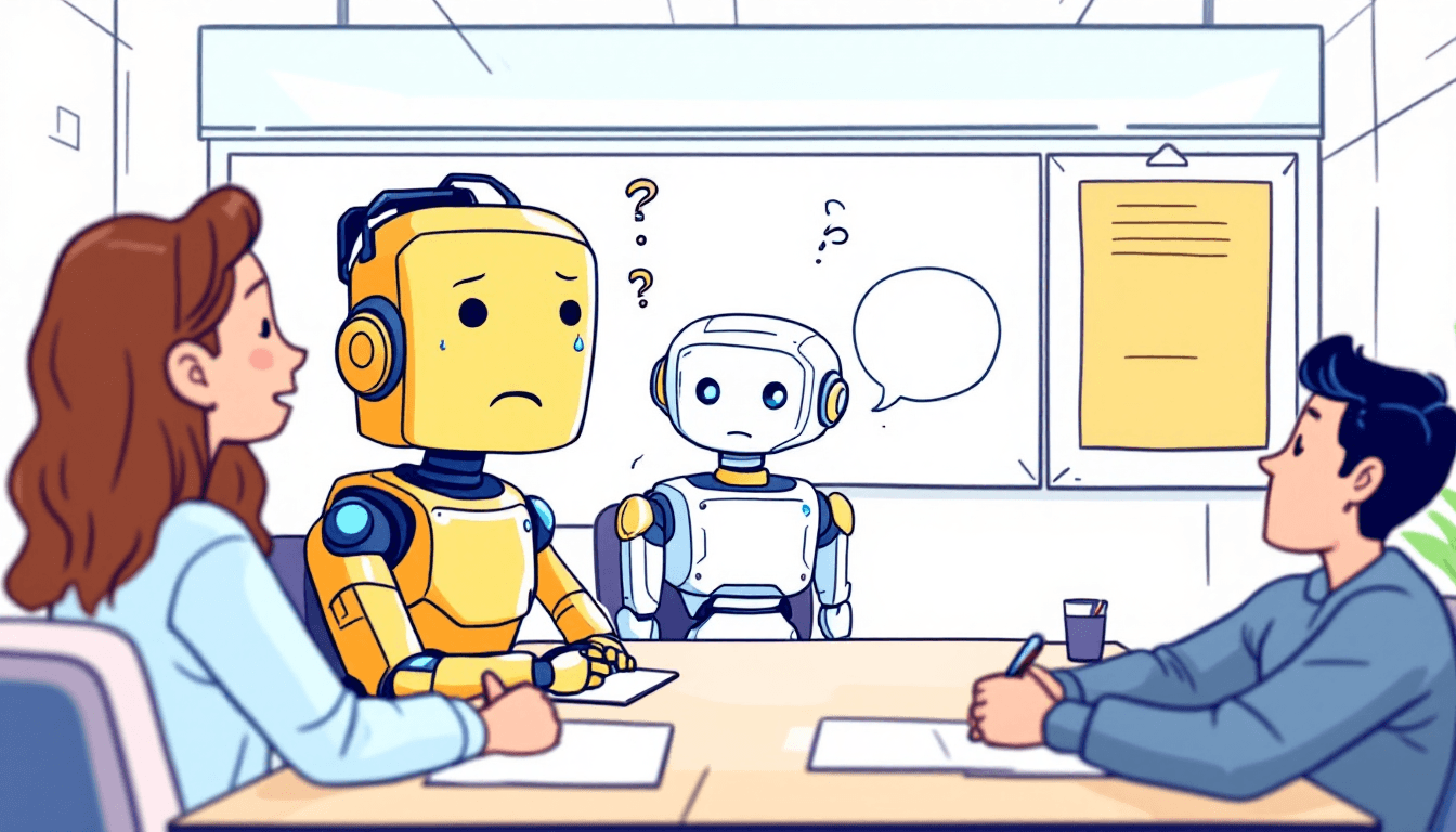 AI robot listening to meeting conversation and taking digital notes in futuristic office