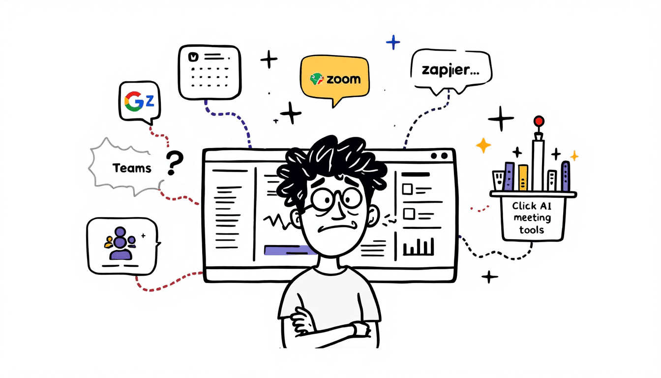 ClickUp project management dashboard connected to various app integrations including Google Calendar, Slack, Zoom, Teams, and AI meeting tools