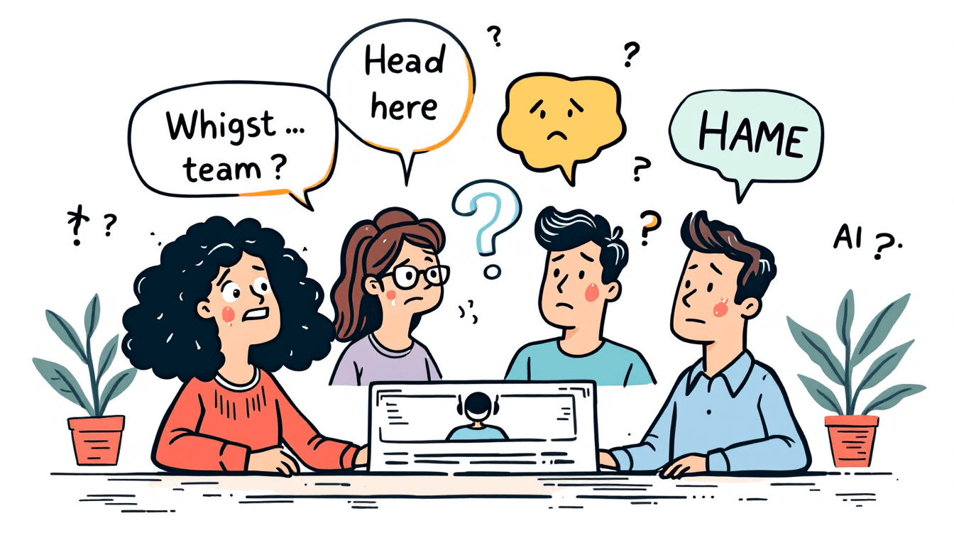 Global team using multilingual meeting AI with translation bubbles showing different languages