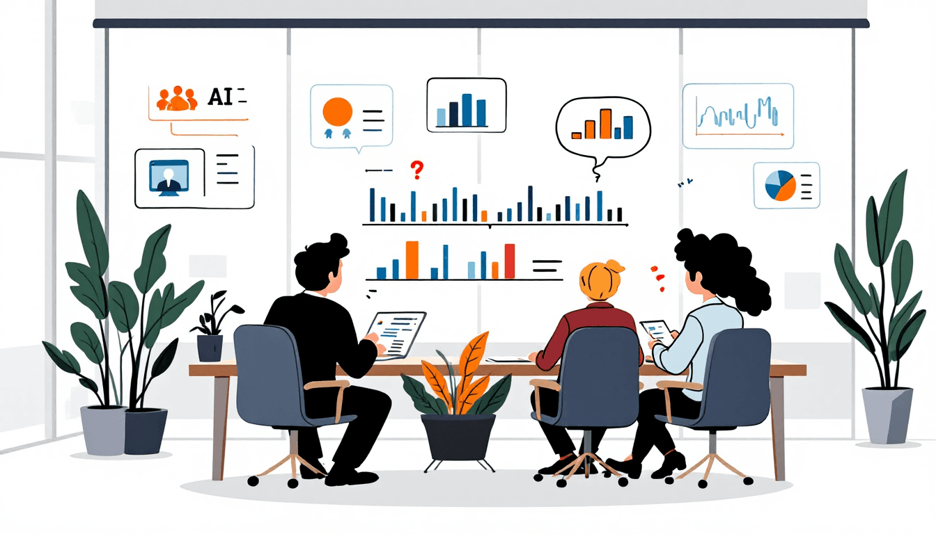 Team collaborating around AI automation dashboard showing meeting workflows and productivity analytics