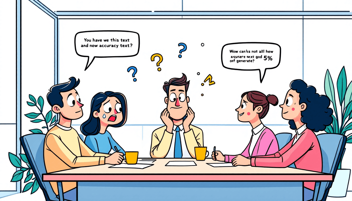 Meeting transcription accuracy comparison with AI technology visualization showing floating text bubbles and accuracy percentages