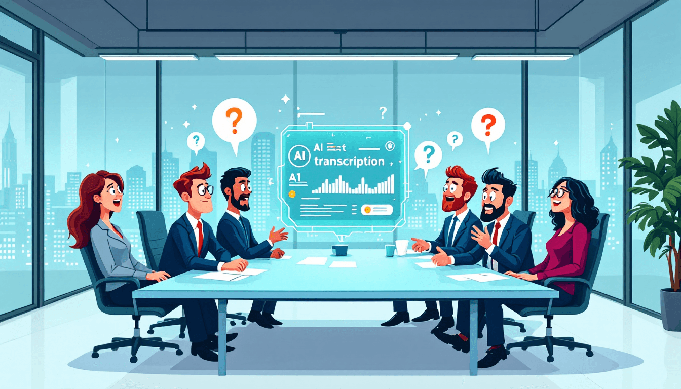 Business professionals in meeting room with AI interface showing analytics and productivity metrics