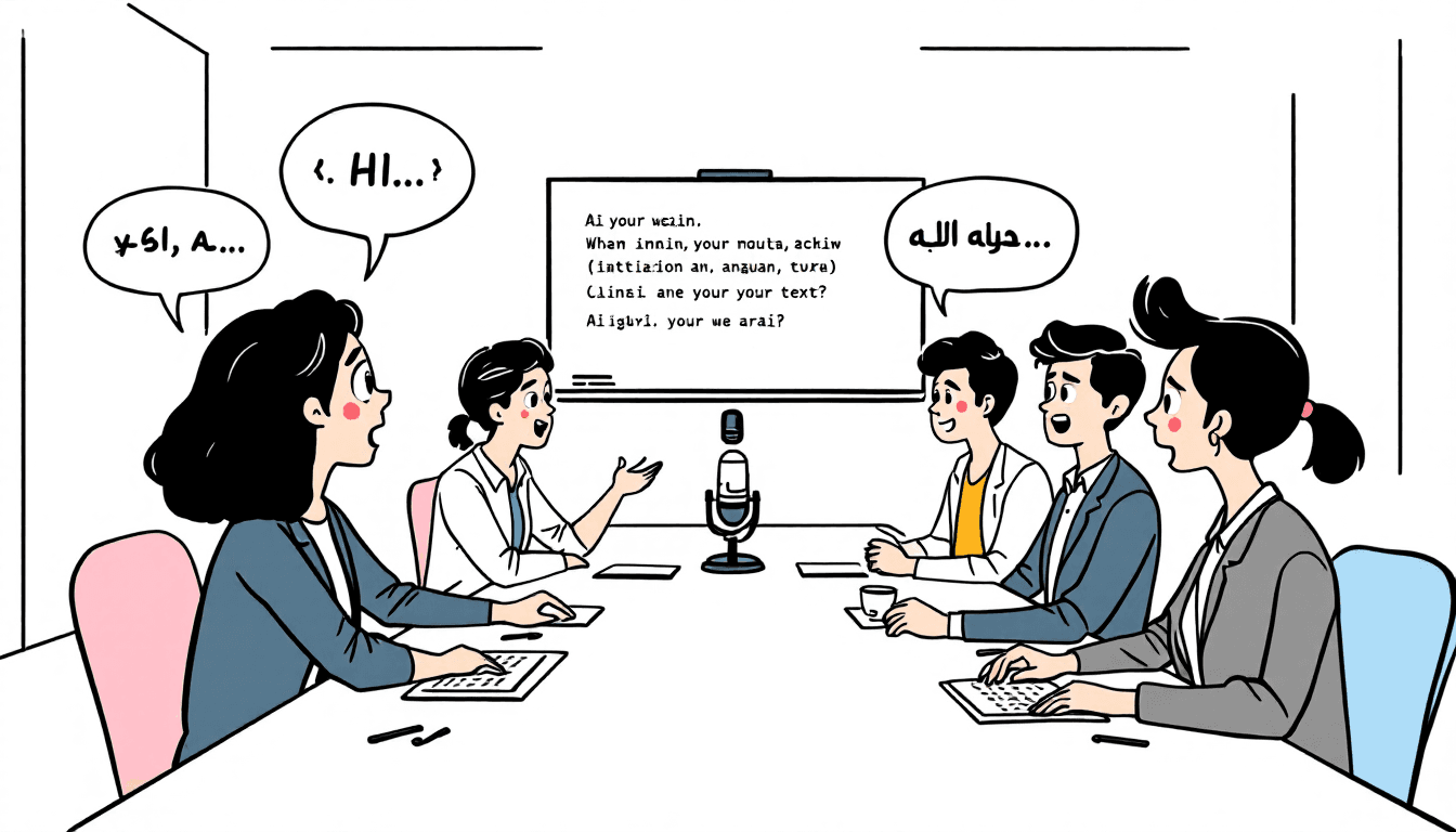 Professional multilingual business meeting with diverse team members speaking different languages and AI transcription interface