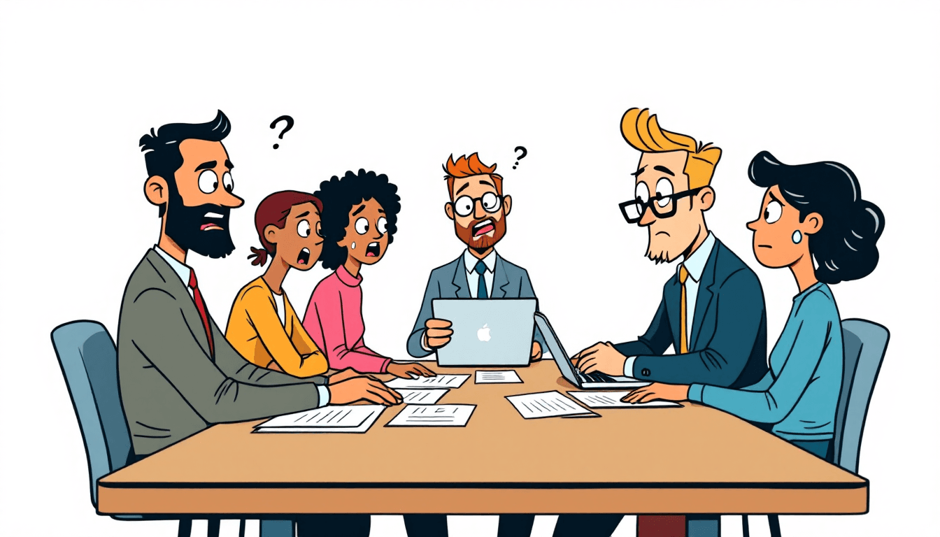 現代的なオフィス環境で、多様なチームが議題の資料やノートパソコンを前にプロフェッショナルなビジネス会議を行っている様子