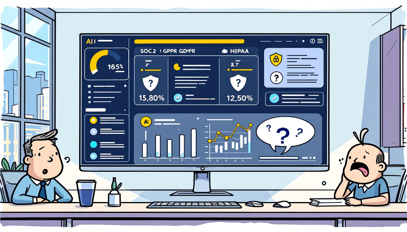 Enterprise AI security dashboard showing compliance frameworks SOC2 GDPR HIPAA with digital security shields and data protection visualization