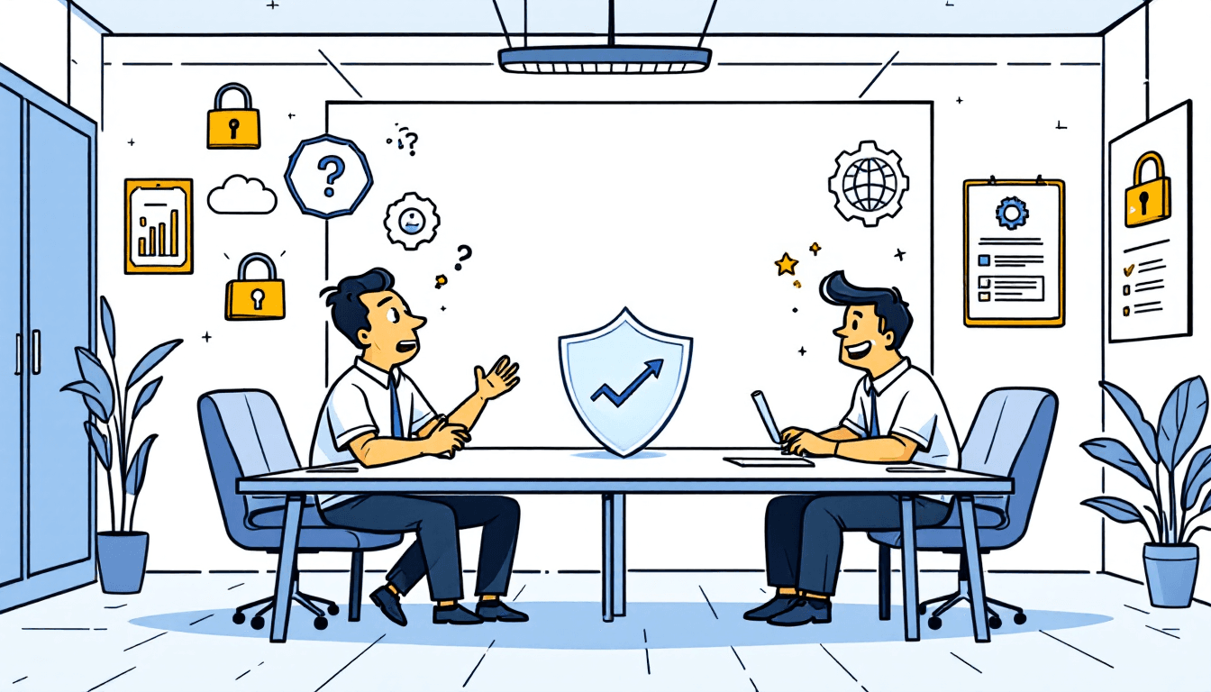 Enterprise security meeting room with shields, compliance certificates, and data protection symbols