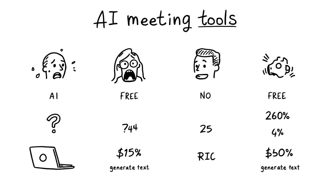 Free AI meeting tools comparison with laptops, video call icons, and transcription symbols