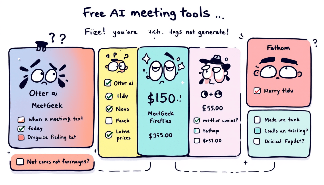 Free AI meeting tools comparison chart showing different apps with pricing and features