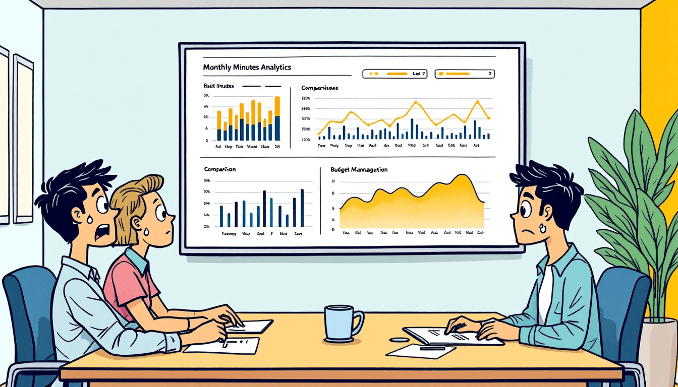 AI meeting transcription analytics dashboard showing monthly minute usage charts and budget planning tools