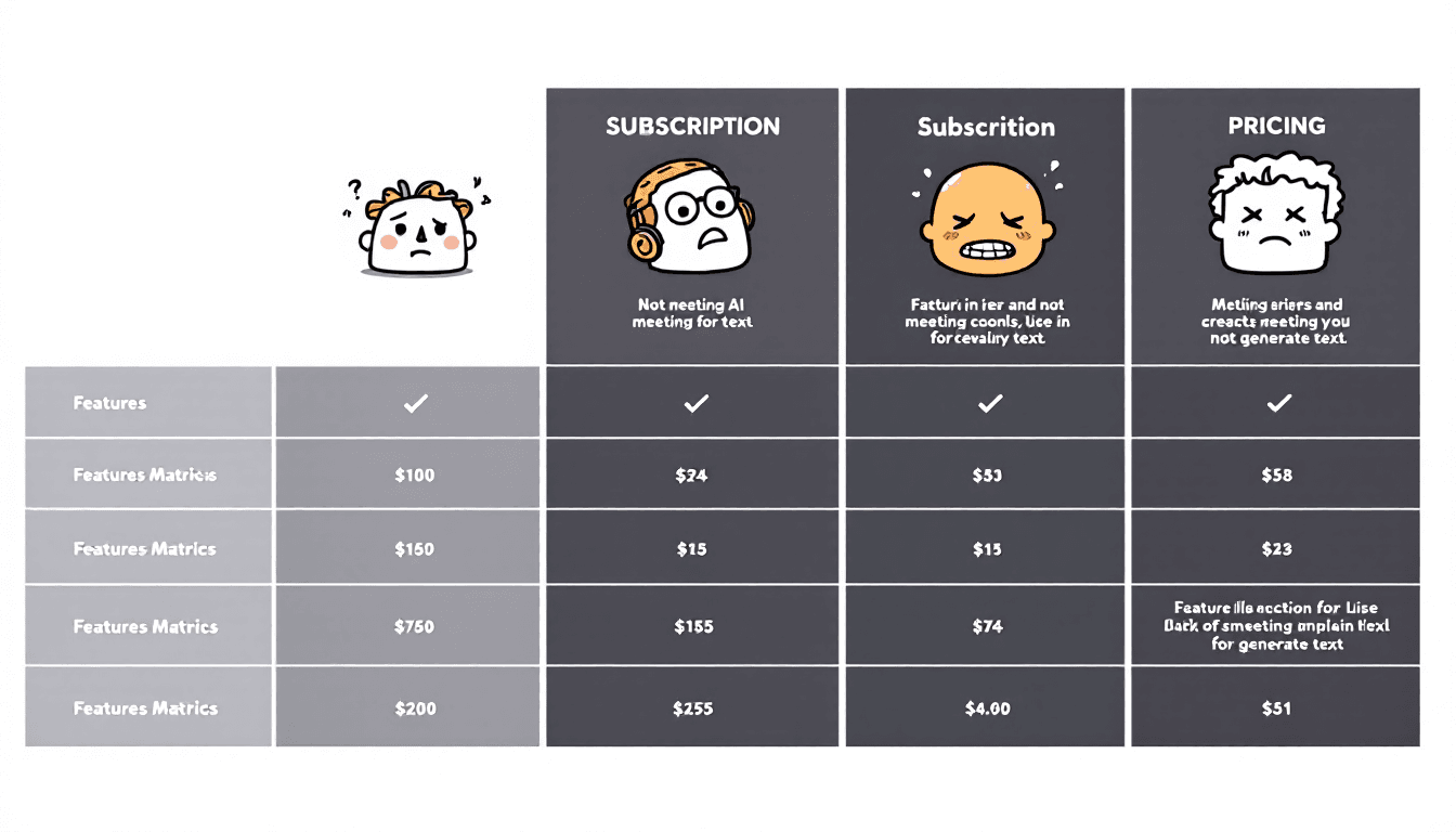 Vergleichstabelle der Preisstufen mit verschiedenen Abonnementebenen für KI-Meeting-Tools, mit Funktionsmatrizen und Kostenanalyse