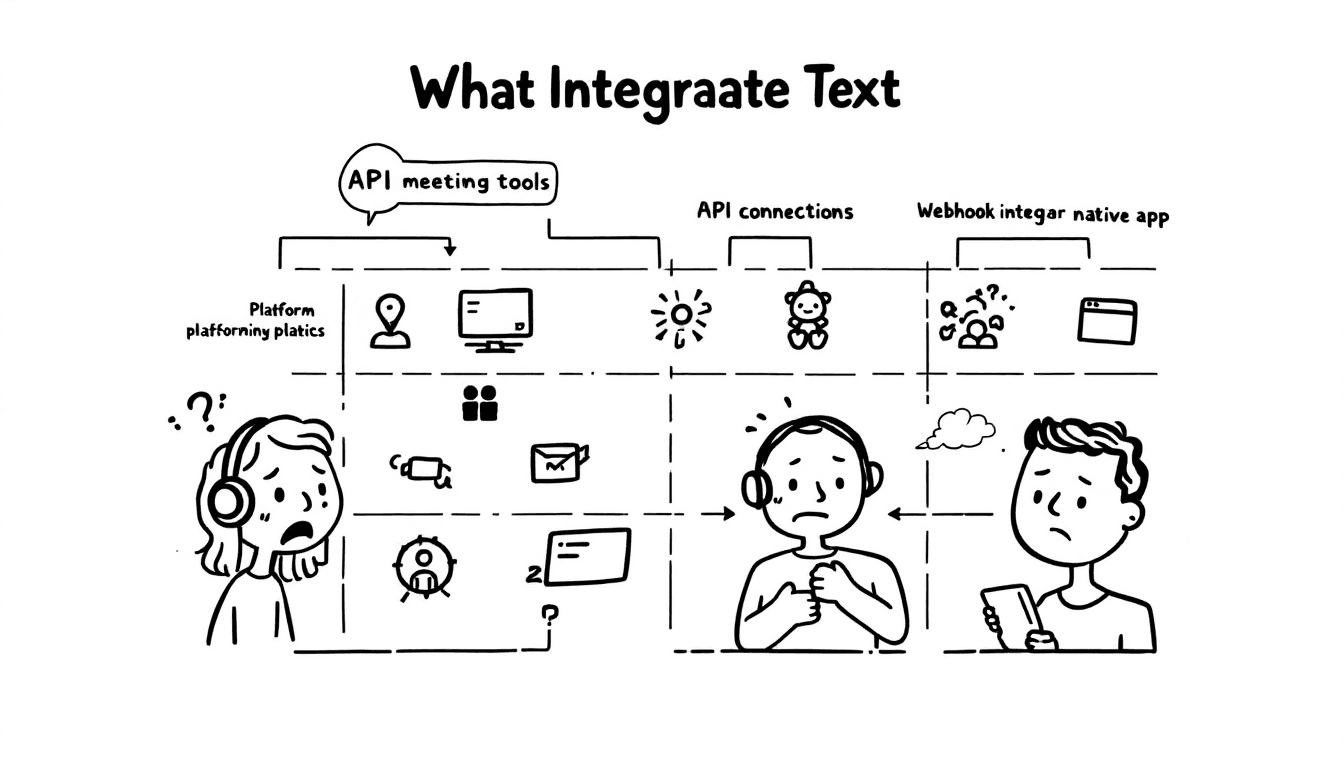 Matrice des capacités d’intégration montrant les outils de réunion connectés à diverses plateformes avec des connexions API, des intégrations par webhook et des connexions d’applications natives