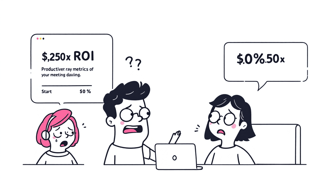 ROI मापन डैशबोर्ड जो उत्पादकता मीट्रिक और मीटिंग टूल निवेशों के लिए लागत बचत गणनाएँ दिखा रहा है