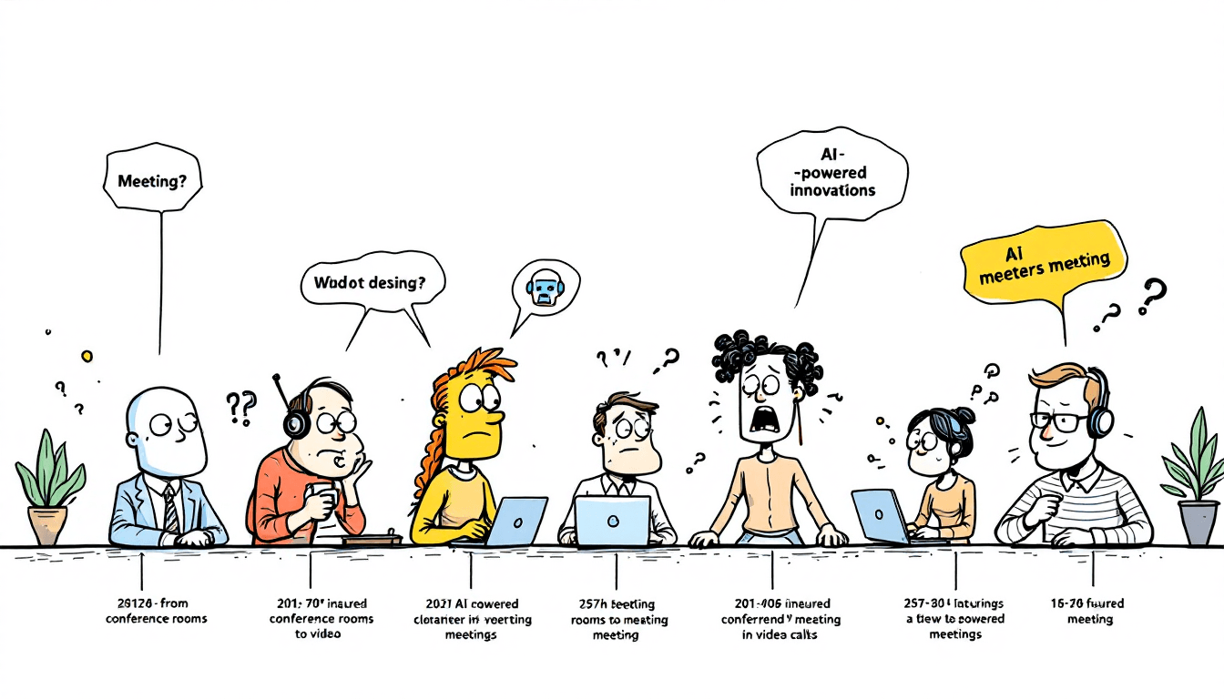 Zeitstrahl der Entwicklung von Meeting-Technologien, der die Entwicklung von Konferenzräumen über Videoanrufe hin zu KI-gestützten Meetings zeigt
