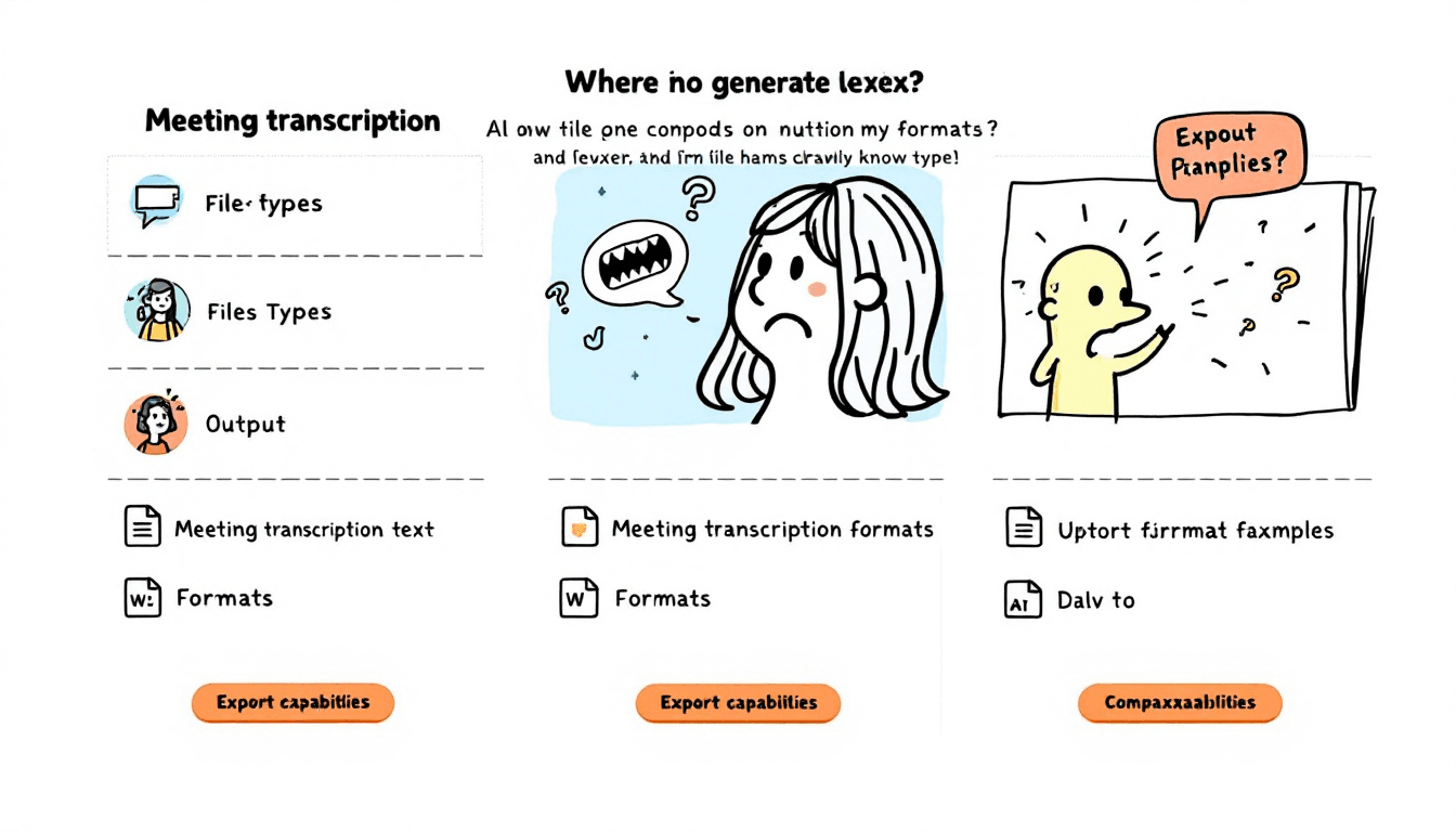 Benutzeroberfläche für Besprechungstranskriptionen, die verschiedene Dateityp-Ausgabeoptionen und Formatbeispiele mit Exportfunktionen und Kompatibilitätsindikatoren anzeigt