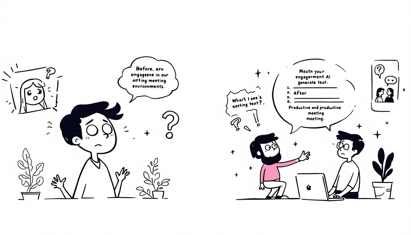 एआई एकीकरण के साथ बैठक संस्कृति रूपांतरण, जिसमें पहले और बाद के परिदृश्यों को दिखाया गया है