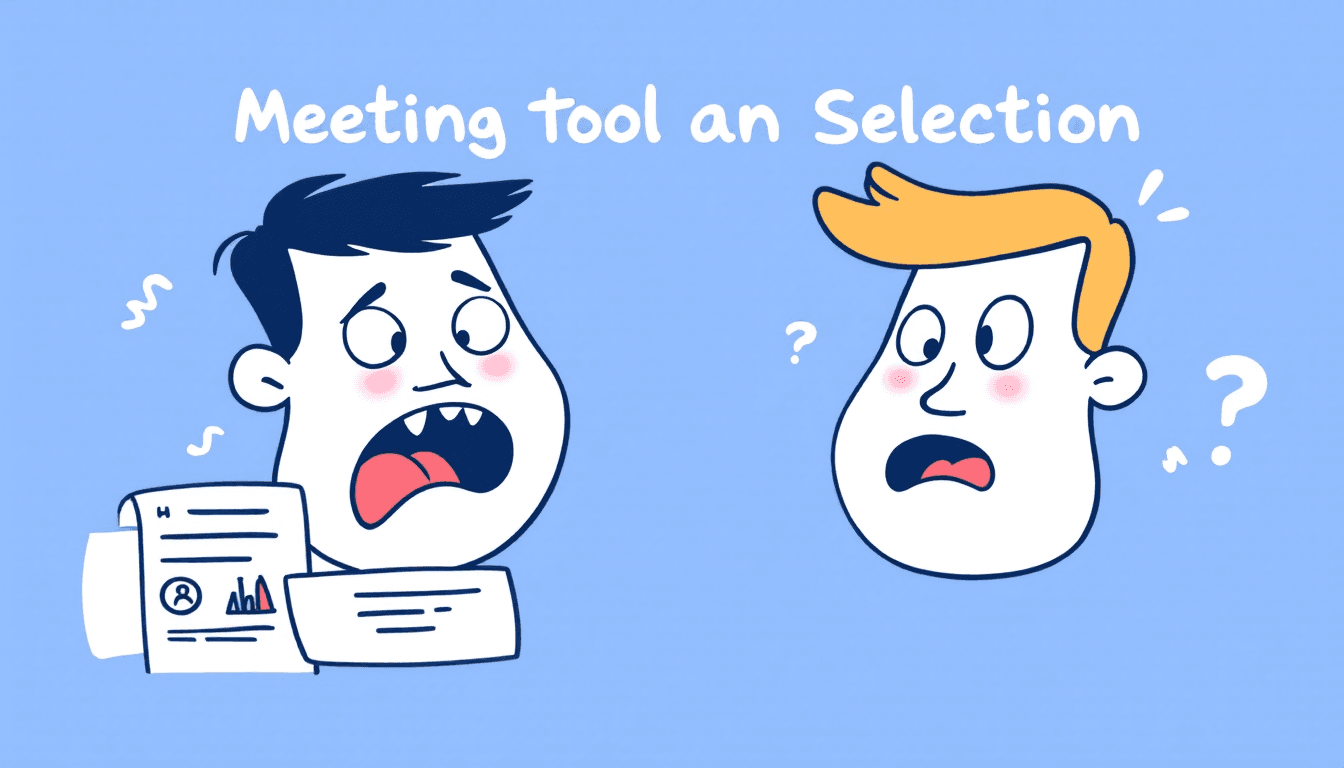 मीटिंग टूल चयन मानदंड इंटरफेस जो मूल्यांकन फ्रेमवर्क, तुलना मैट्रिक्स और निर्णय लेने वाले टूल्स दिखा रहा है