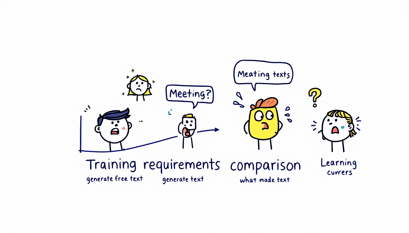 Vergleich der Schulungsanforderungen mit Darstellung von Lernkurven, Onboarding-Prozessen und Anforderungen an die Benutzerschulung in verschiedenen Meeting-AI-Plattformen