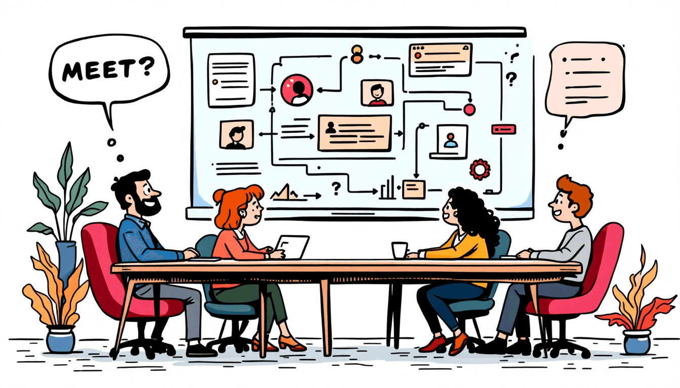 Meeting-Workflow-Designoberfläche mit Prozessabbildung, Automatisierungsabläufen und Optimierungsstrategien zur systematischen Workflow-Verbesserung