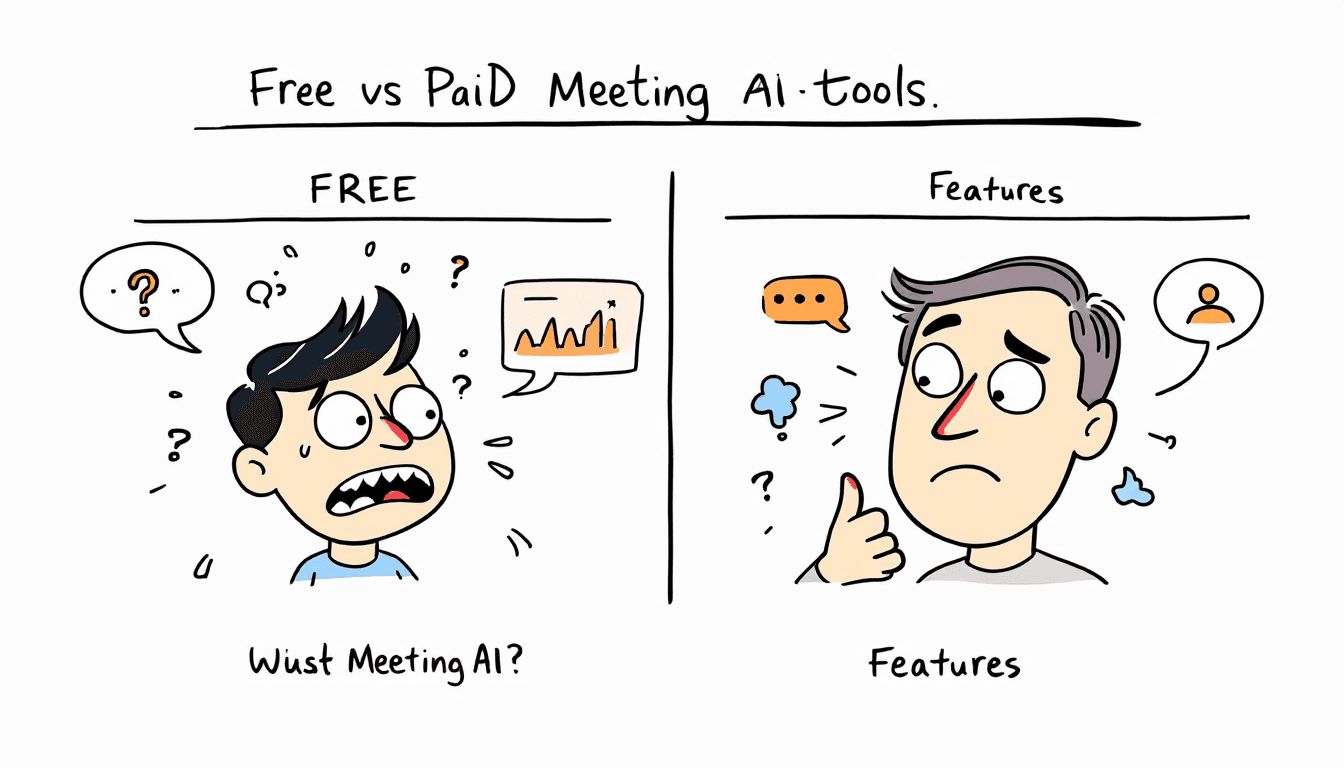 Free vs paid meeting AI tools comparison illustration with charts and features