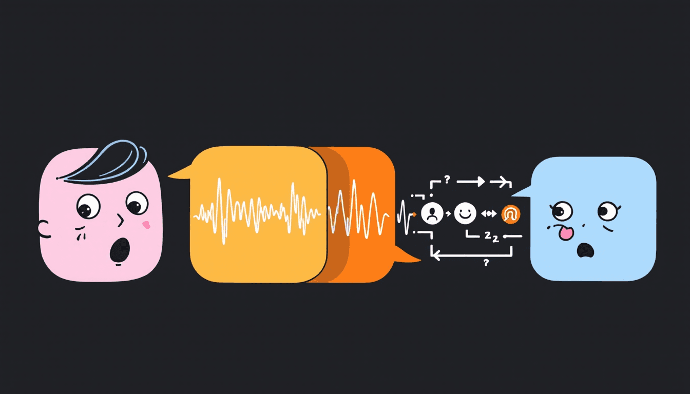 Technical diagram showing speaker diarization AI technology with audio waveforms, speaker identification icons, and multiple voice channels being separated and labeled