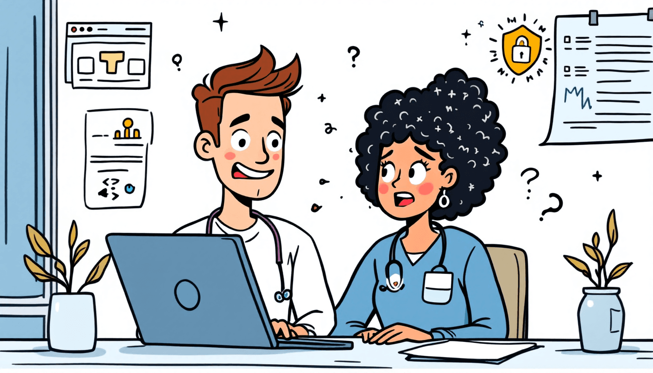 Healthcare professional using Sembly AI for HIPAA compliant meeting transcription with security shield and medical charts