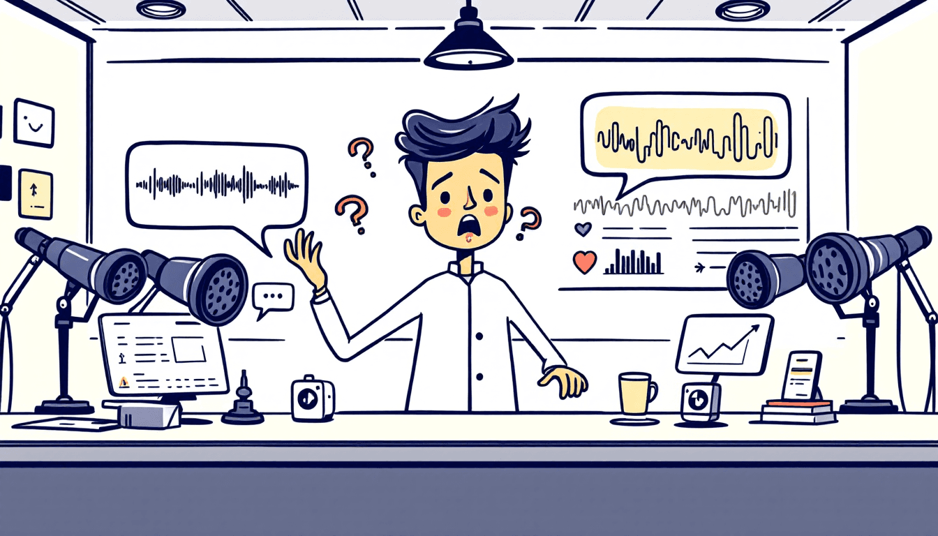 Scientific testing laboratory with audio waveforms, speaker identification charts, multiple microphones, and accuracy measurement graphs showing AI transcription analysis