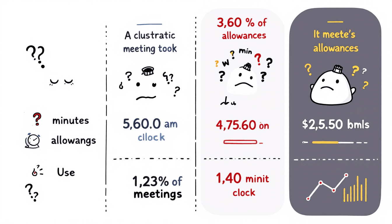 Modern comparison chart showing various AI meeting tools with clock icons and minute allowances, professional business illustration