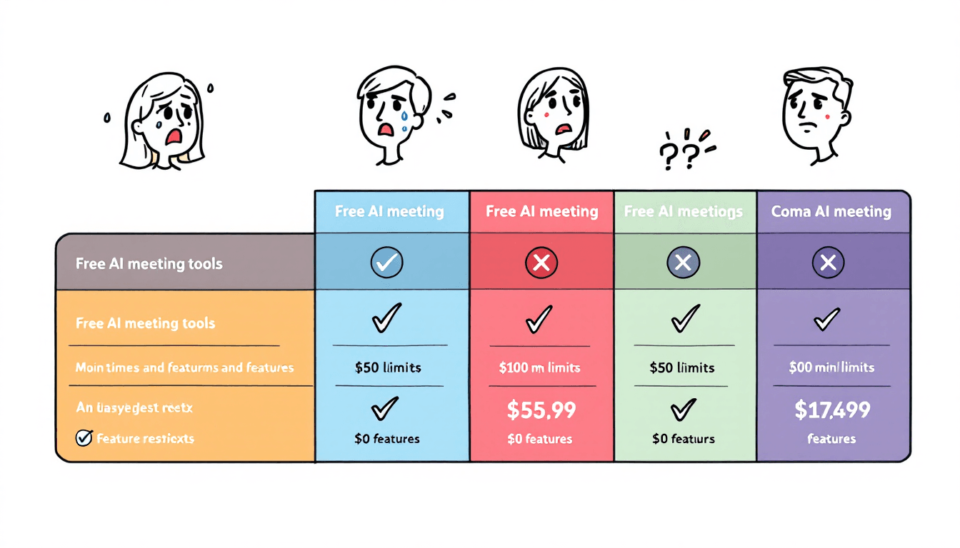 Comparison chart showing free AI meeting tools with checkmarks and restrictions