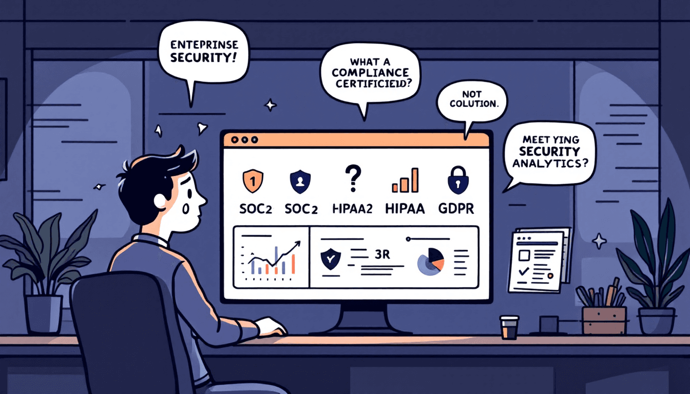 Enterprise security dashboard showing compliance certifications and security analytics