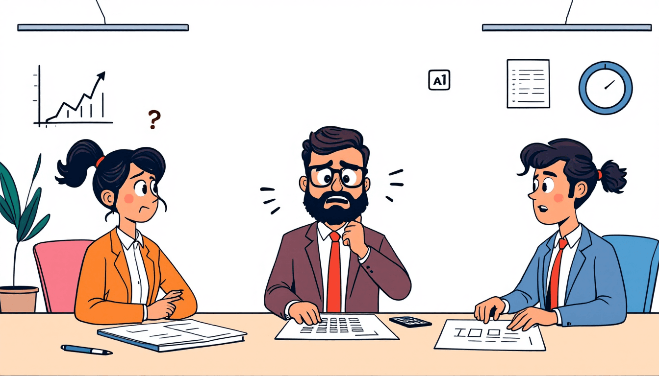 Business people using calculators and charts with AI meeting tools cost comparison illustration