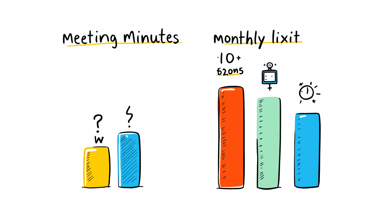 AI meeting transcription minute comparison chart with colorful usage bars and clock icons showing different platform limits