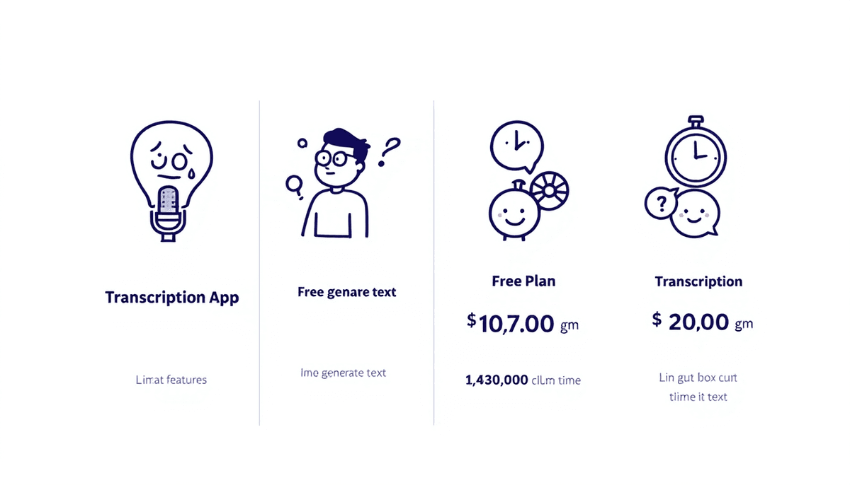 Comparison chart showing different transcription app icons with speech bubbles and time limits for free plans
