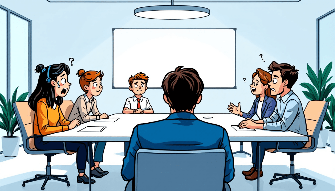 Professional meeting room with AI speaker diarization technology visualization showing sound waves and speaker identification