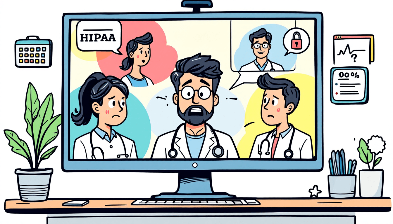 Healthcare meeting compliance illustration with medical professionals using secure video conferencing with HIPAA shields and encrypted data protection