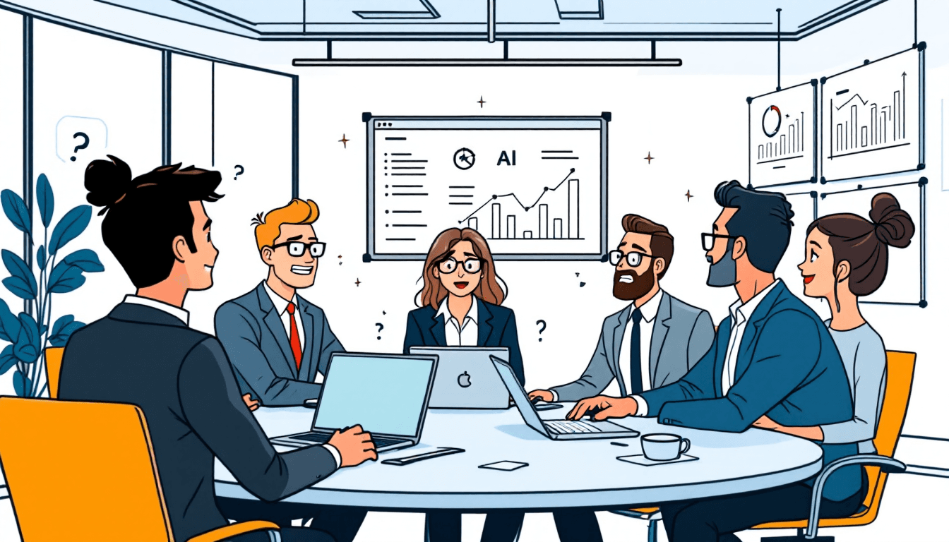 Enterprise executives discussing AI meeting tool pricing in modern conference room