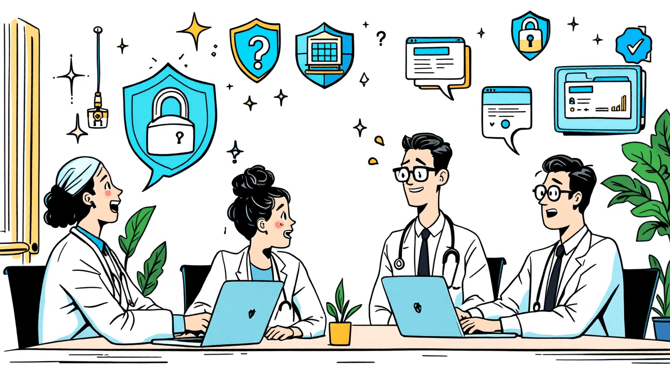 Healthcare compliance features illustration showing medical professionals using secure AI meeting tools with HIPAA shields, encrypted data protection, and audit trail monitoring in a professional medical setting