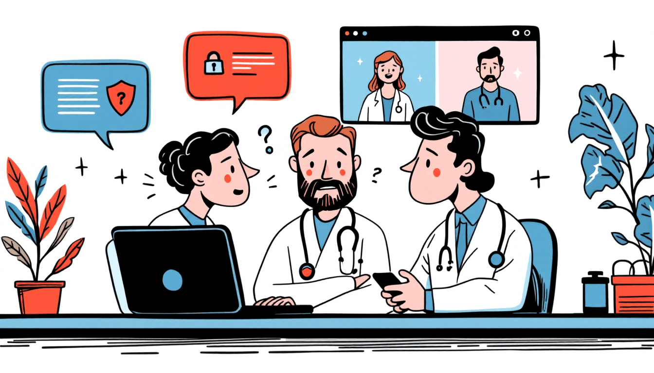 Healthcare professionals in secure video conference with encryption symbols and HIPAA compliance elements