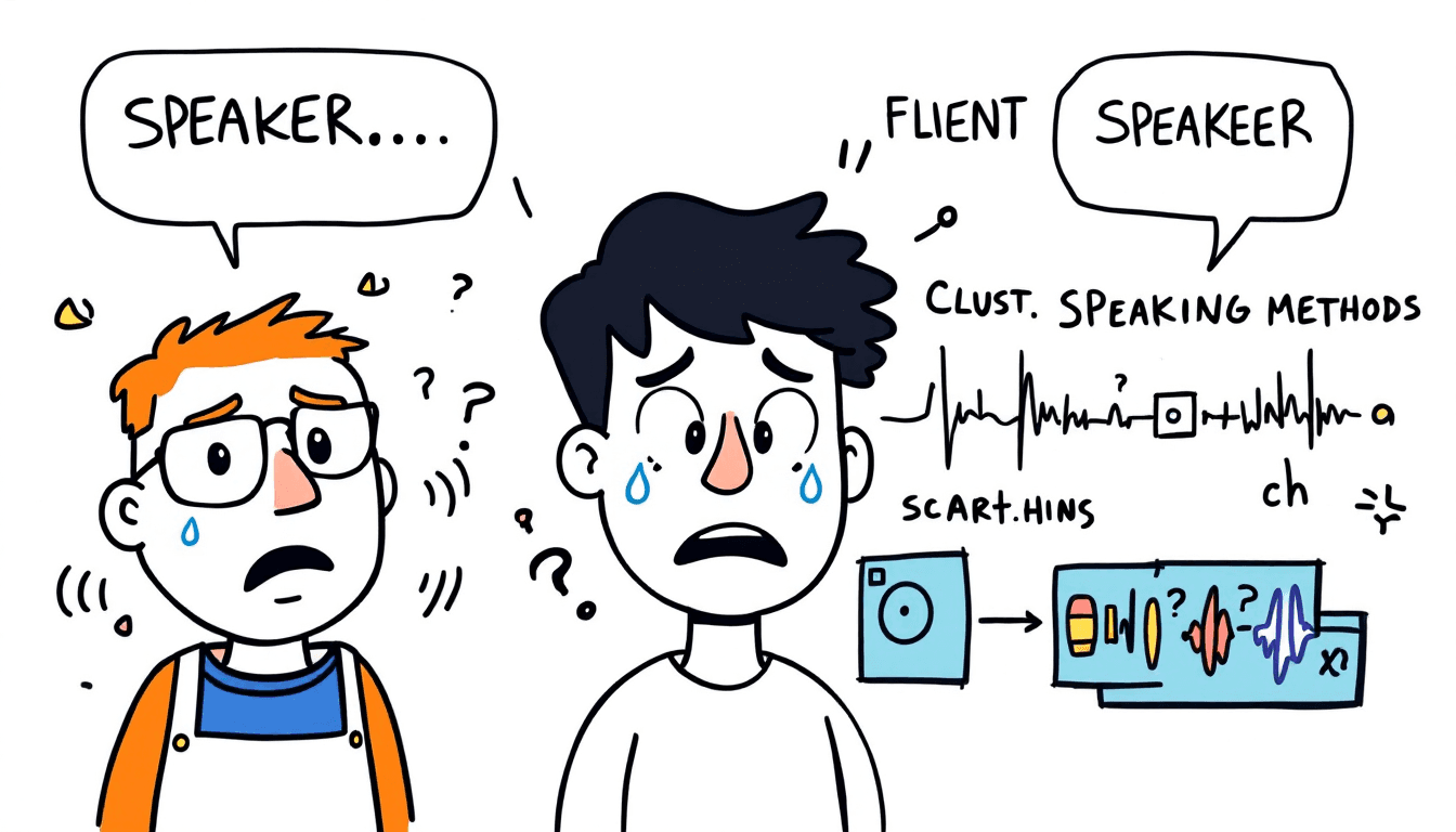 Technical diagram showing speaker diarization algorithms with neural networks, clustering methods, and audio waveforms with different colored speaker segments