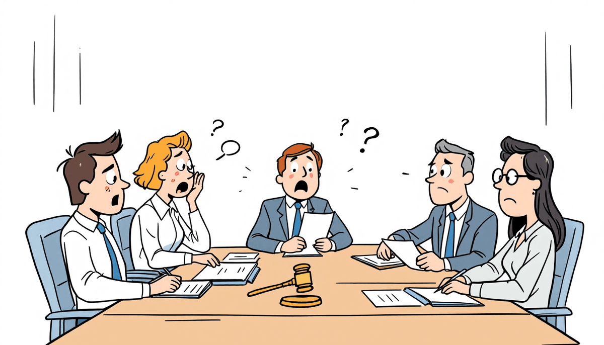 Professional business meeting with compliance documentation, legal requirements checklist, corporate boardroom setting showing meeting minutes and governance