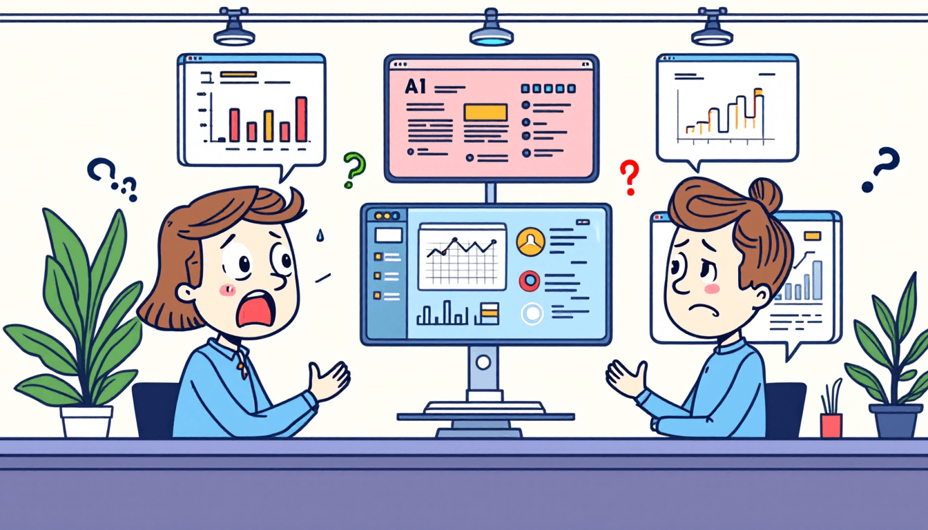 Modern office workspace with AI workflow automation dashboards showing meeting schedules and productivity charts