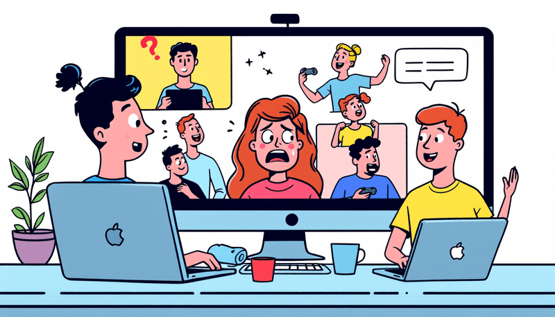 Virtual team playing games on video call with laptops and happy people