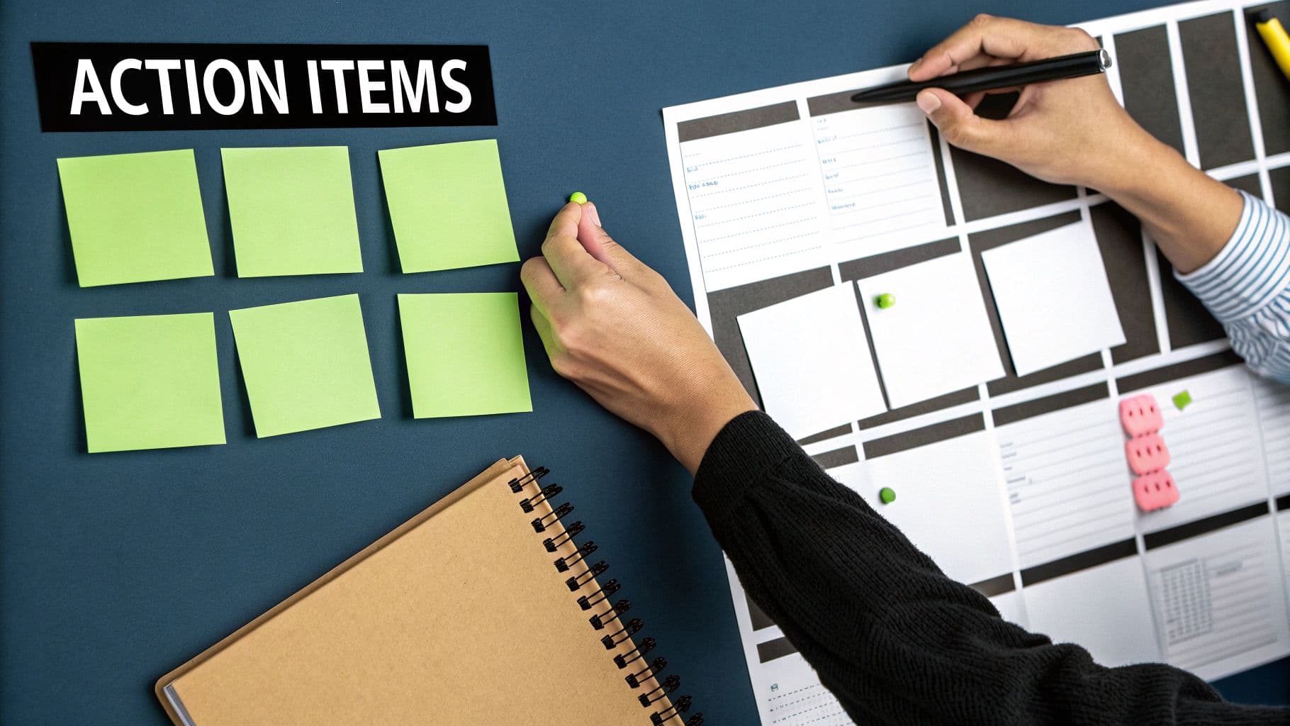 Meeting productivity illustration showing AI tools and meeting summaries