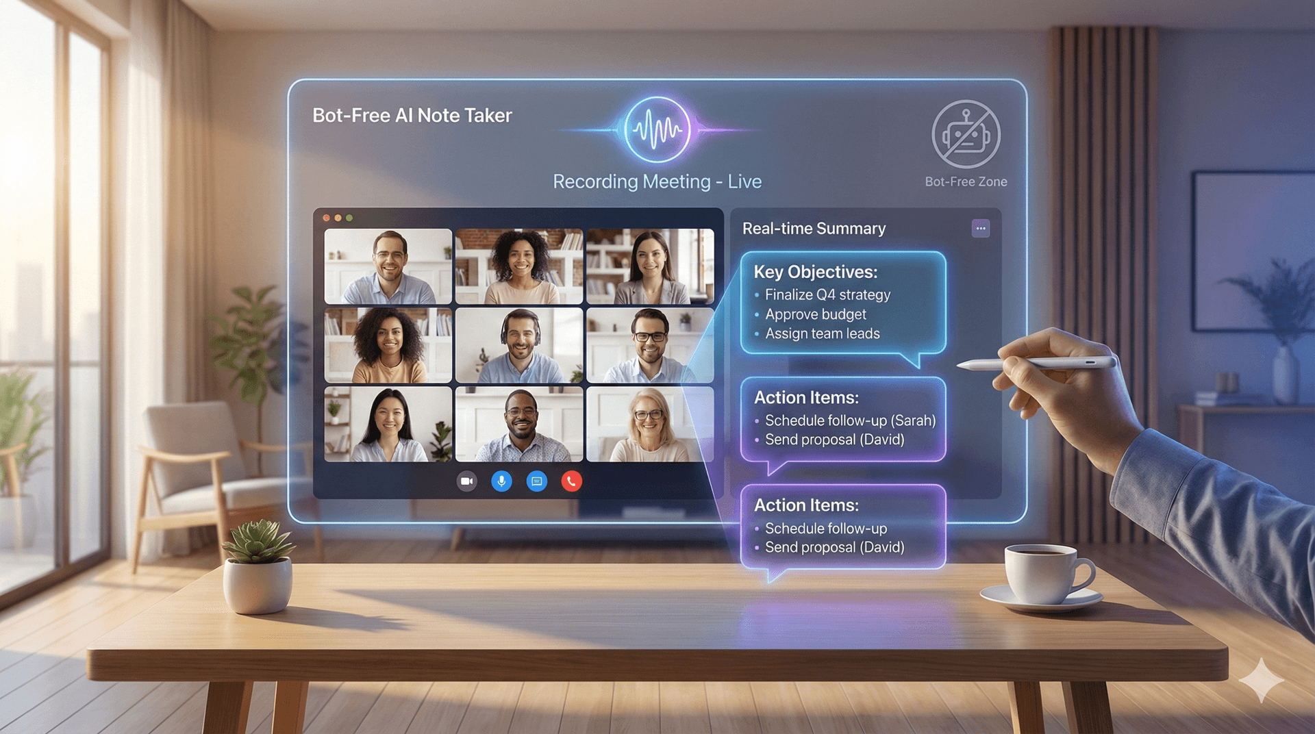 Meeting productivity illustration showing AI tools and meeting summaries