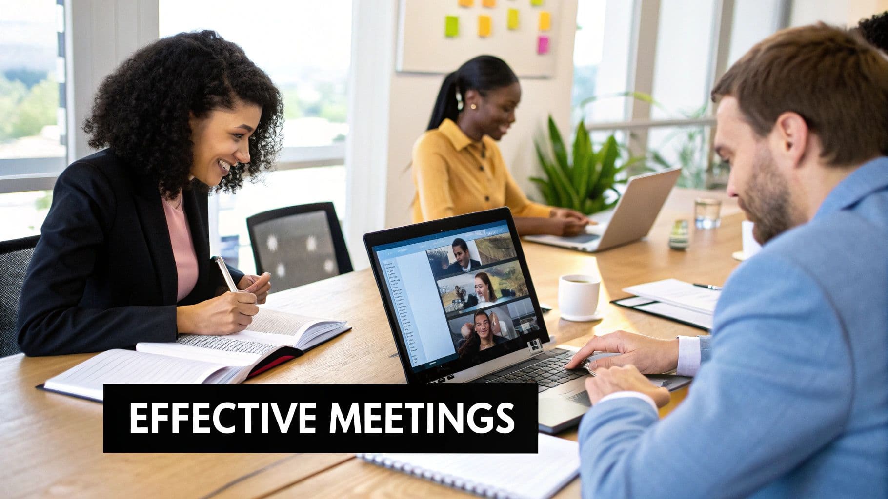 Meeting productivity illustration showing AI tools and meeting summaries