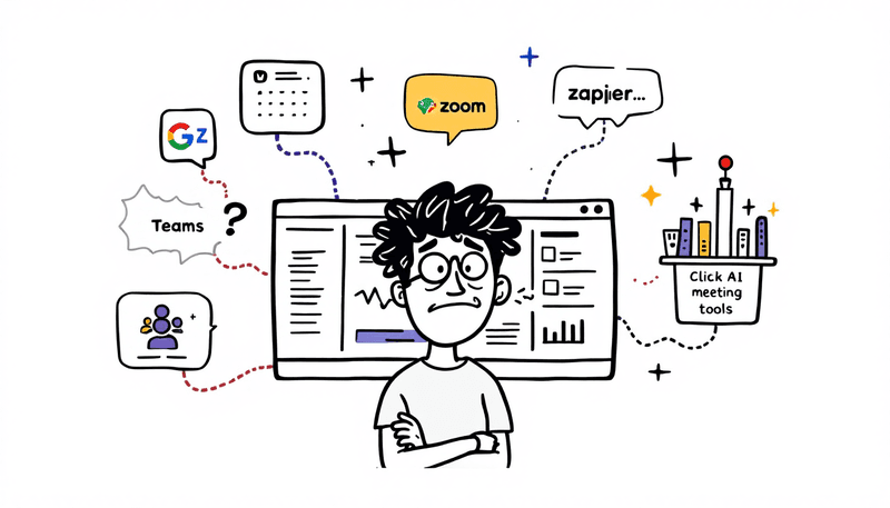 Panel de gestión de proyectos de ClickUp conectado a varias integraciones de aplicaciones, incluidas Google Calendar, Slack, Zoom, Teams y herramientas de reuniones con IA
