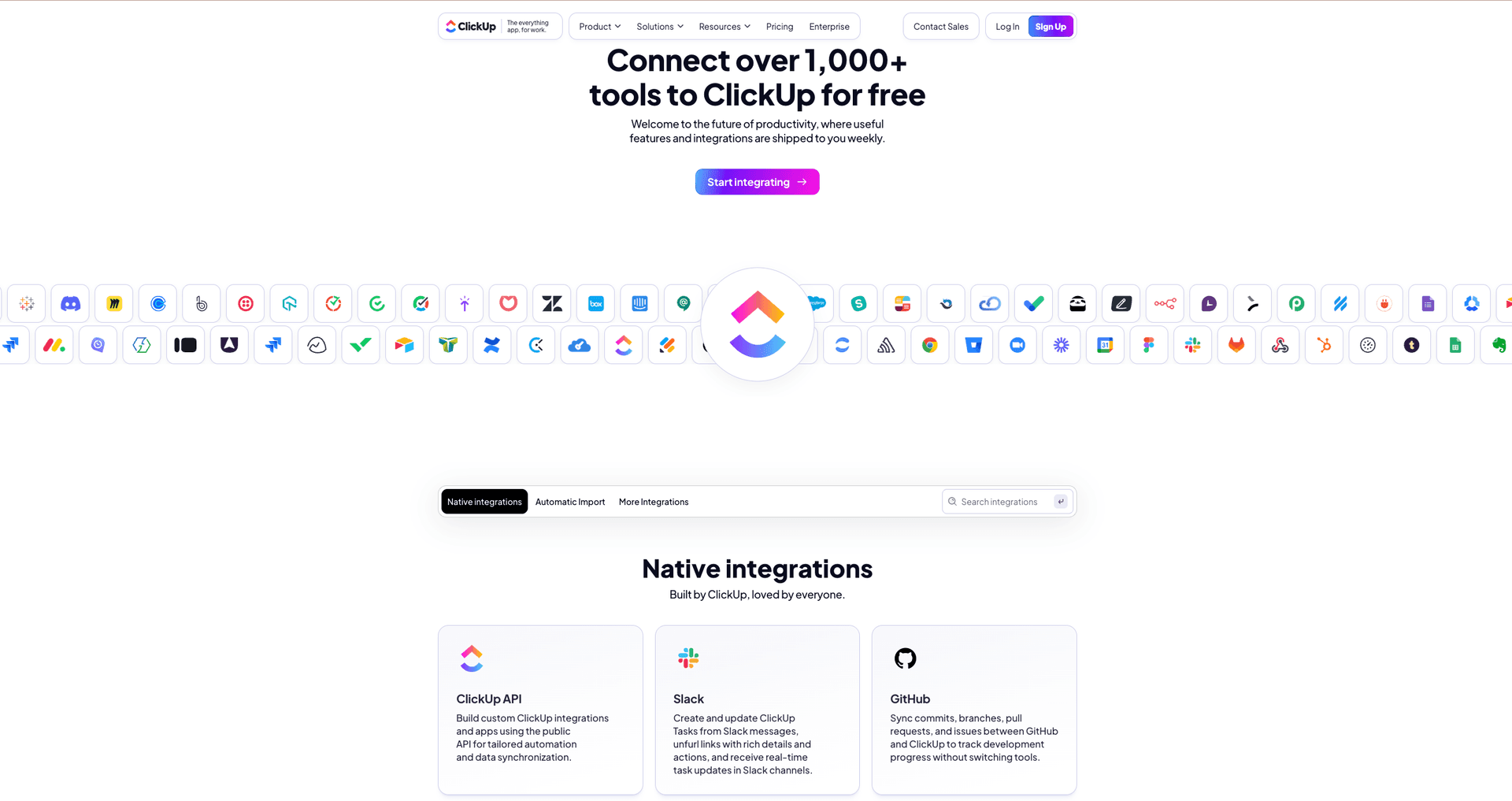 Página de destino de integraciones de Clickup